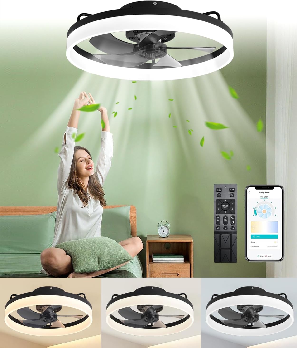 20" Ceiling Fan with Lights, Dimmable LED 6 Speeds Reversible Blades Timing with Remote Control, Semi Flush Mount Low Profile Fan, Black