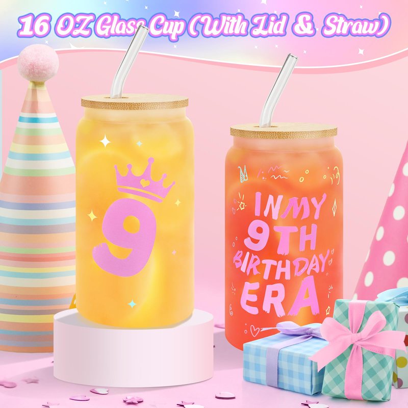 ZZTDSD 9 Year Old Girl Birthday Gift Set, Gifts for 9 Year Old Girls with Glass Cup (16oz), Socks, Pearl Necklace, Beaded Bracelet, Birthday Hat, Sash & Card