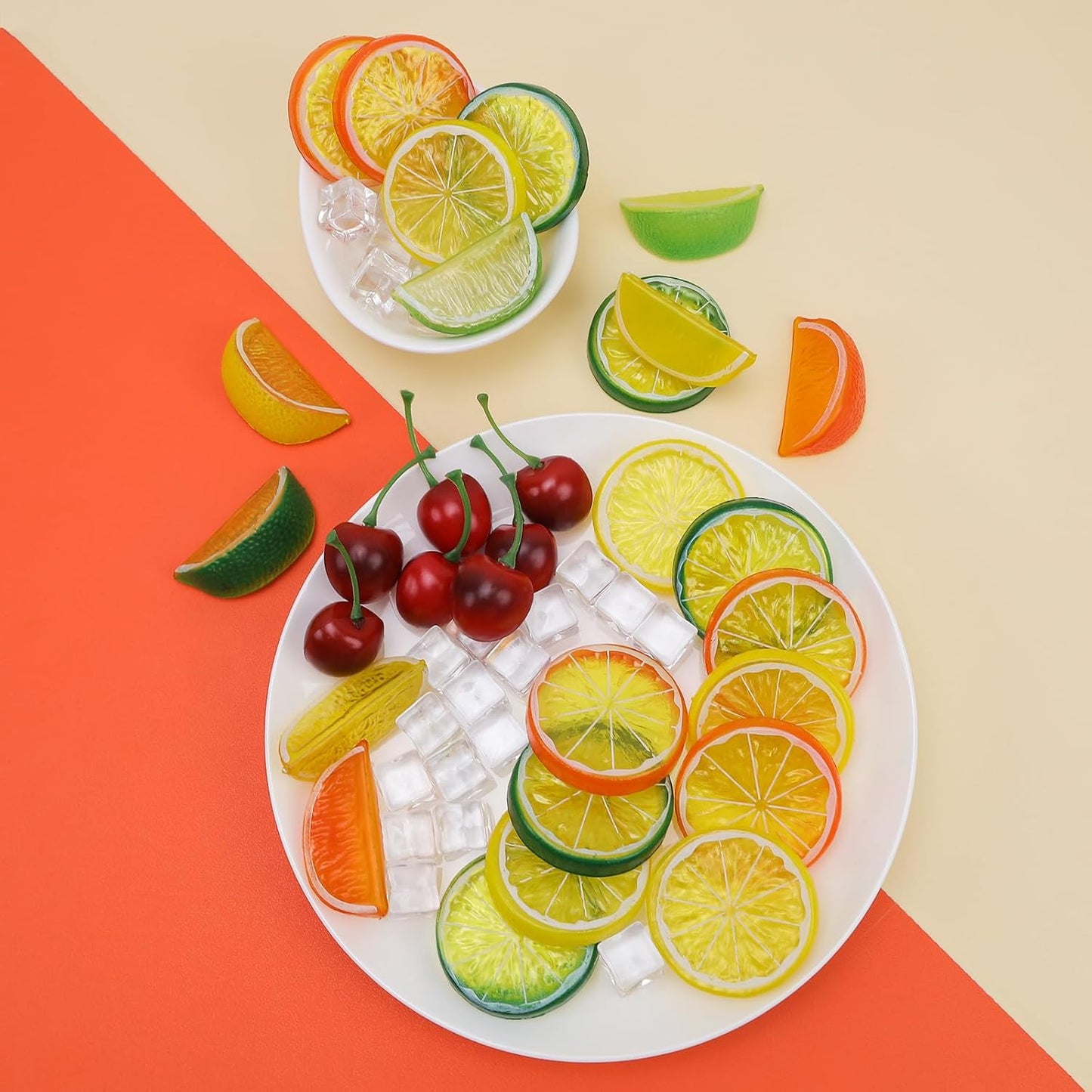 100pcs Artificial Yellow Lemon Slice & Cherry Ice Cube Decorations for Home Party
