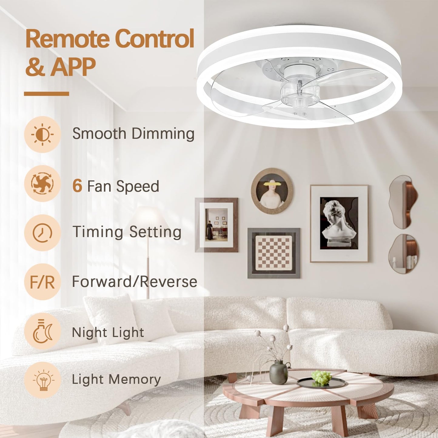 SAMPHON Low Profile Ceiling Fans with Lights and Remote, 15.7'' Led Flush Mount Ceiling Fan, Stepless Dimmable Bladeless Small Ceiling Fans with Lights for Bedroom, Living Room and Kitchen - White