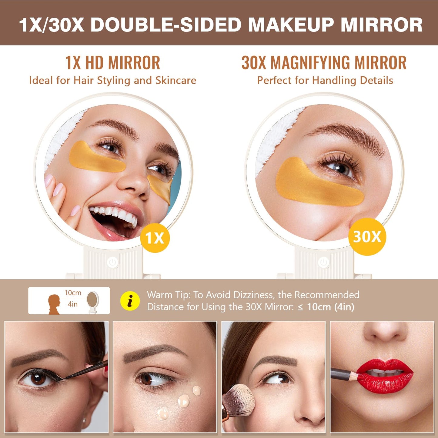 Auxmir 1X/ 30X Magnifying Mirror with Light, Double Sided Makeup Mirror with Adjustable Folding Handle, Lighted Vanity Mirror with Tweezer, Portable Tabletop Mirror for Travel Home