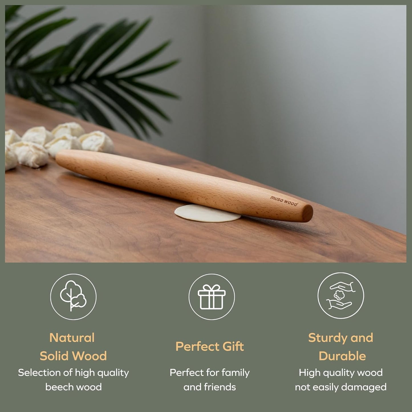 Muso Wood French Rolling Pin - Beech Wood Tapered Design for Baking | 15.75-Inch Size