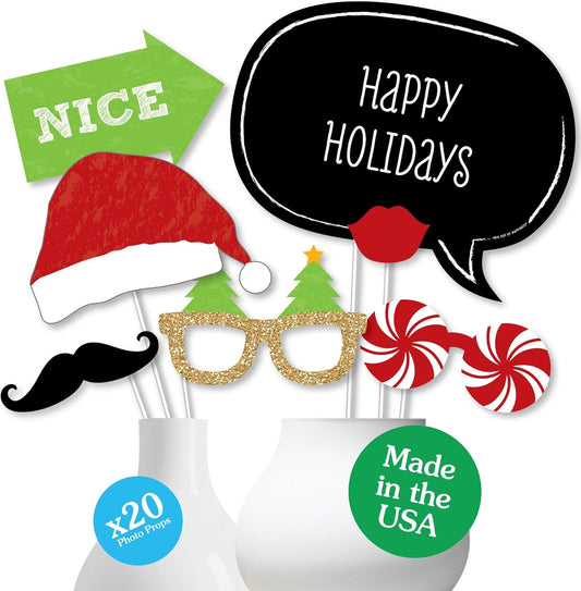 Christmas Photo Booth Props Kit - 20 Count Holiday Party Decorations