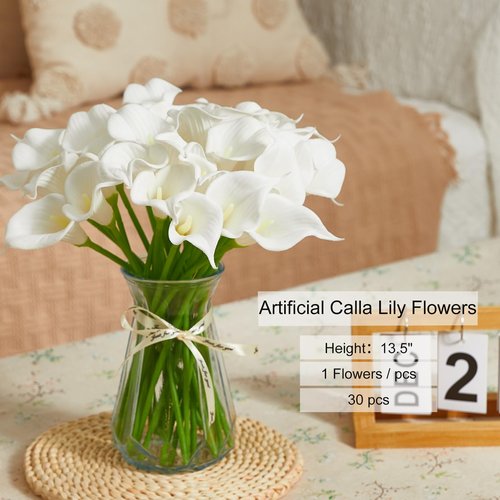 Heleze 30 PCS Artificial Calla Lily Flowers Bouquet Faux Branches for Vase Fake Flower 13.5" Real Touch for DIY Mother's Day Wedding Party Decoration Pure White