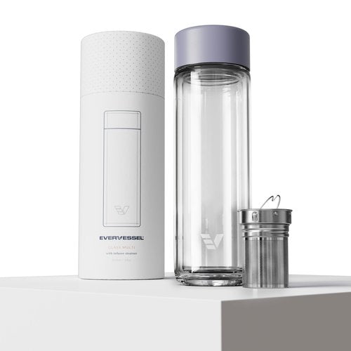EVER VESSEL Glass Multi Tea Infuser Bottle 14oz - Double Wall Borosilicate Glass Flask | No Plastic Touches Contents | Perfect for Office or Home - Purple