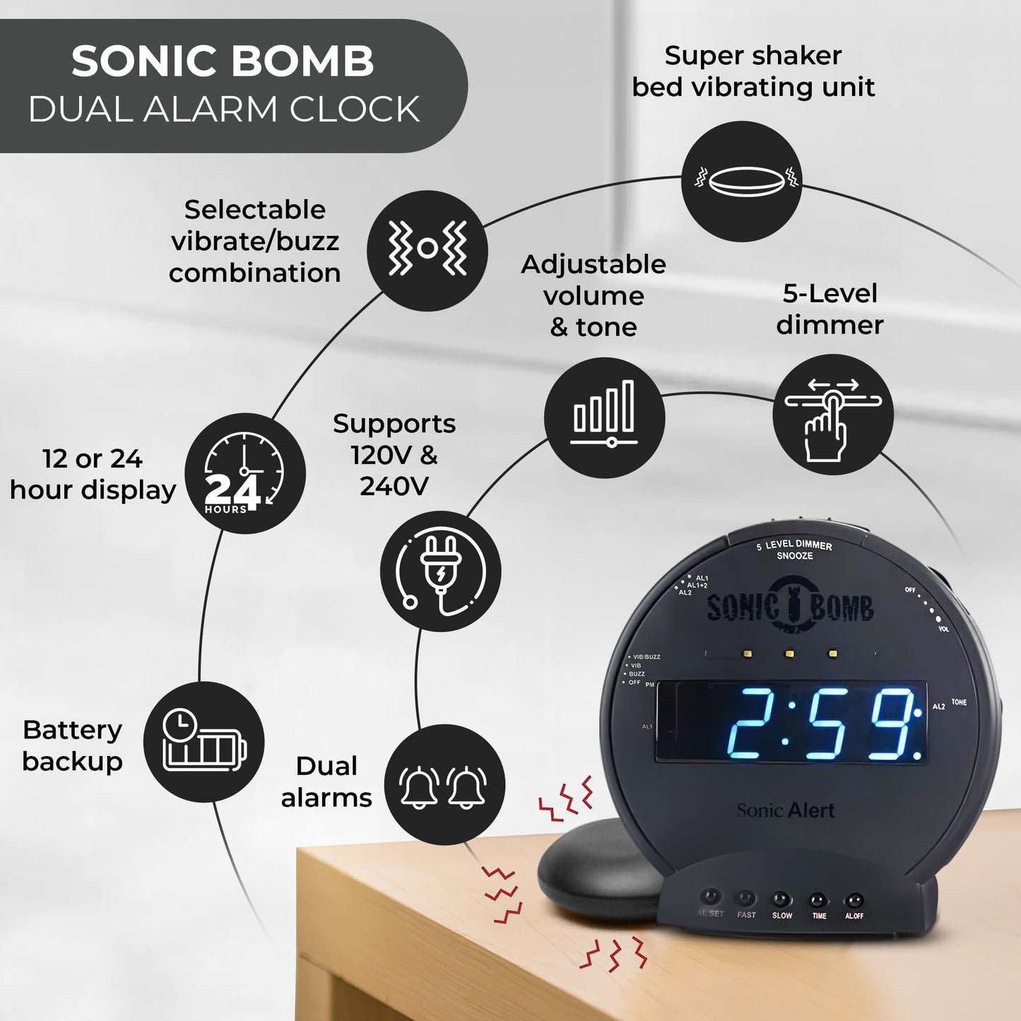 Sonic Alert Sonic Bomb Dual Alarm Clock with Bed Shaker, Black Vibrating Alarm Clock Heavy Sleepers, Battery Backup | Wake with a Shake