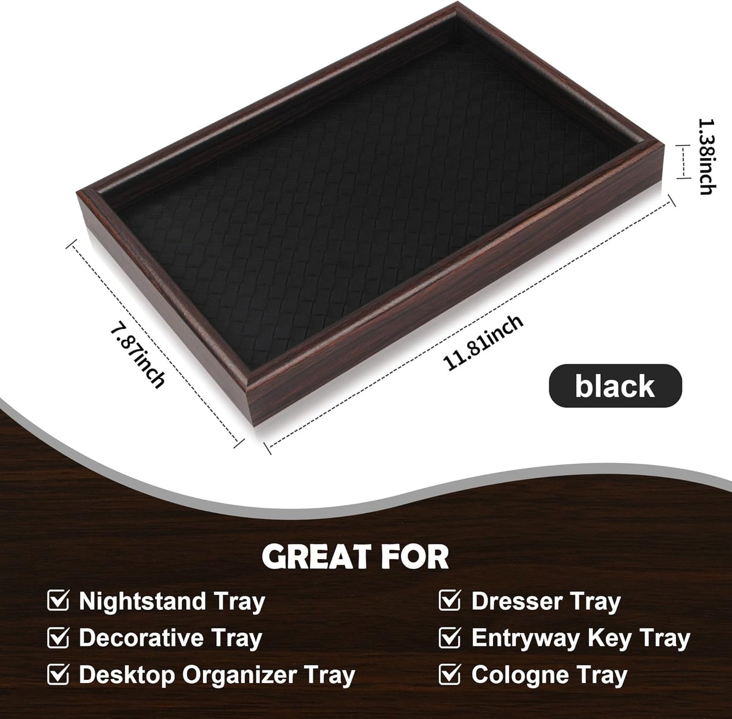 Zosenley Wooden Valet Tray - Stylish Leather Base Nightstand Organizer for Keys, Wallet, Phone & Jewelry (Black)