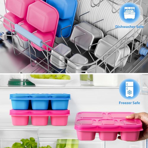 Freshmage Stainless Steel Snack Containers - BPA-Free 5-Compartment Bento Box | 2-Pack Reusable Food Storage (Pink/Blue)