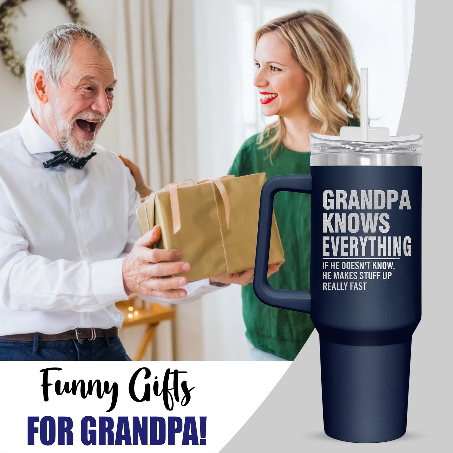 Palorix Grandpa Gifts For Men - Father's Day, Christmas, Birthday Gifts For Grandfather, Grandpa Gifts From Grandkids, Funny Grandpa Gifts - 40 Oz Insulated Tumbler With Handle And Straw