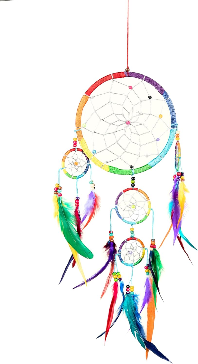 Handmade Rainbow Chakra Dream Catcher - 7" Diameter with Tie Dye Feathers & Beads