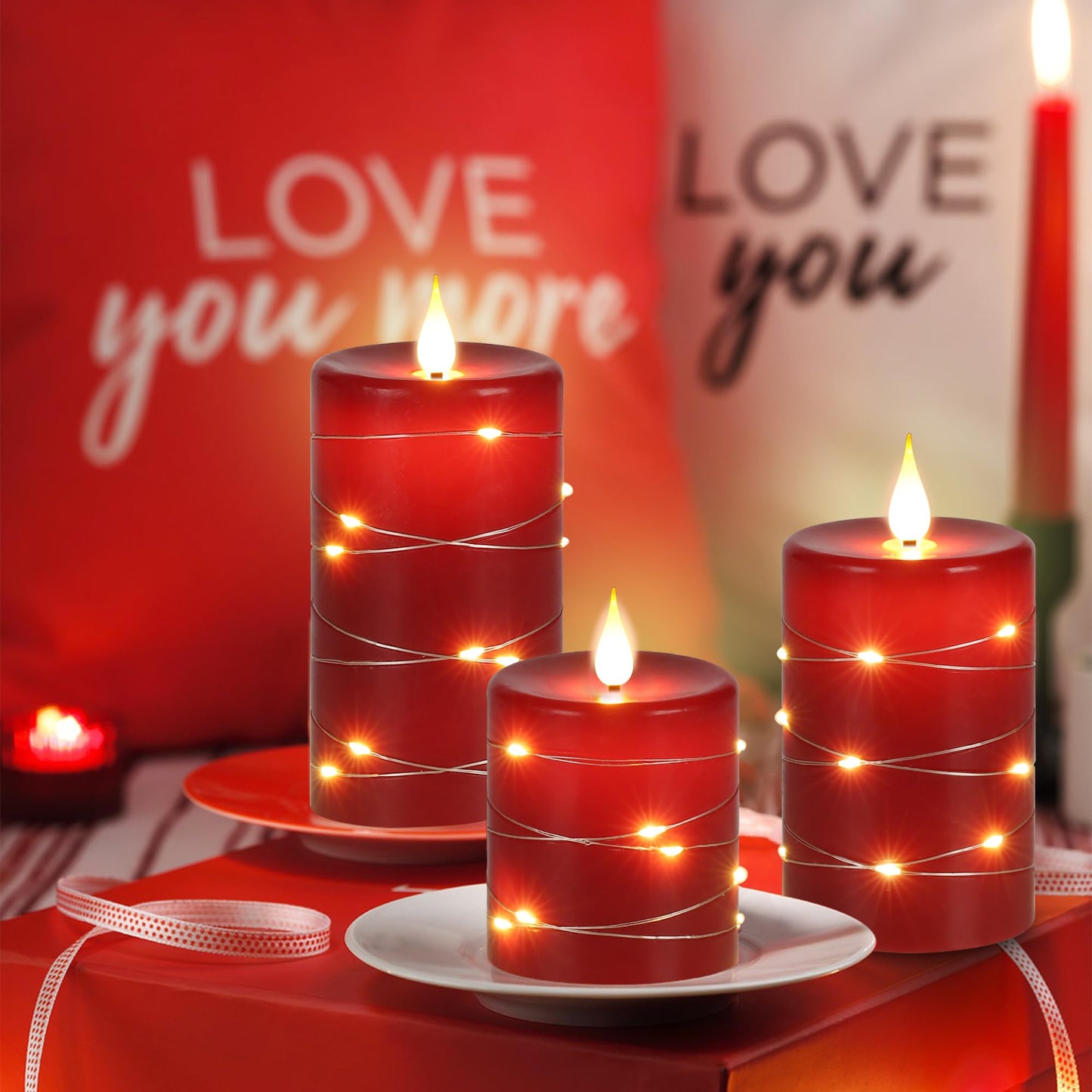 Upinmz Red Flameless Candle with Remote Control and Timer,Flickering Battery Operated Candles with String Lights,LED Pillar Candles,Set of 3