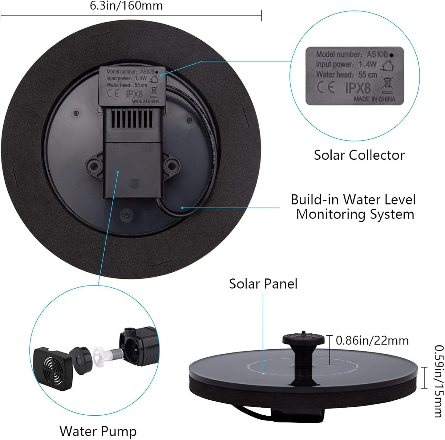 Skiennix Solar Fountain - Solar Powered Bird Bath Pump with 1.5W Floating Water Feature for Garden & Patio