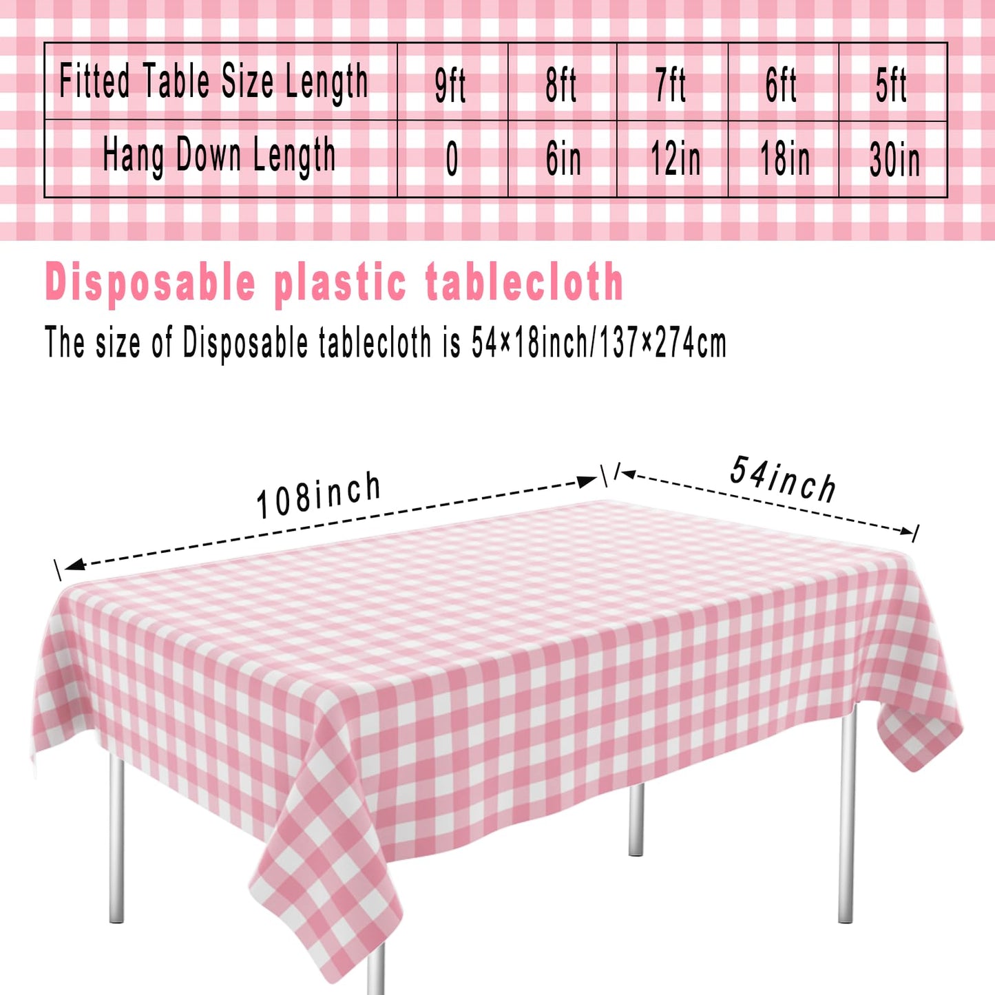OLIVBIN 4 Pack Pink and White Checkered Tablecloth Pink Checkered Flag Tablecloth, Disposable Plastic Gingham Table Cover for Parties, Race Car Birthday Party, Birthday, Outdoor Picnic, 54 × 108 Inch