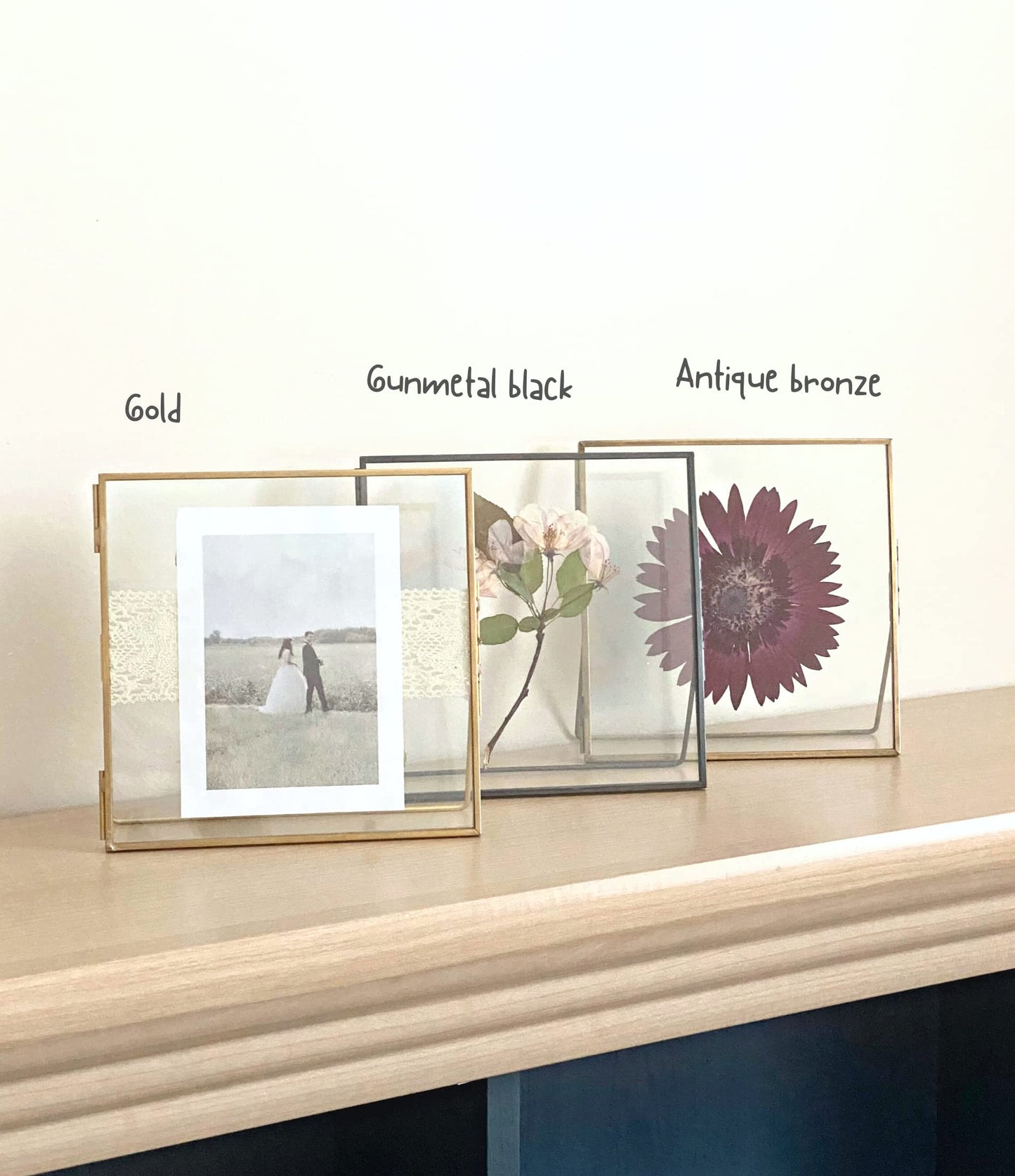 Beedecor Double Glass Frame for Pressed Flowers, Leaf and Artwork,Gold 6x6 Standing Square Metal Picture Frames, Set of 2 Pressed Flower Frames with Stand (Gold, 6x6)