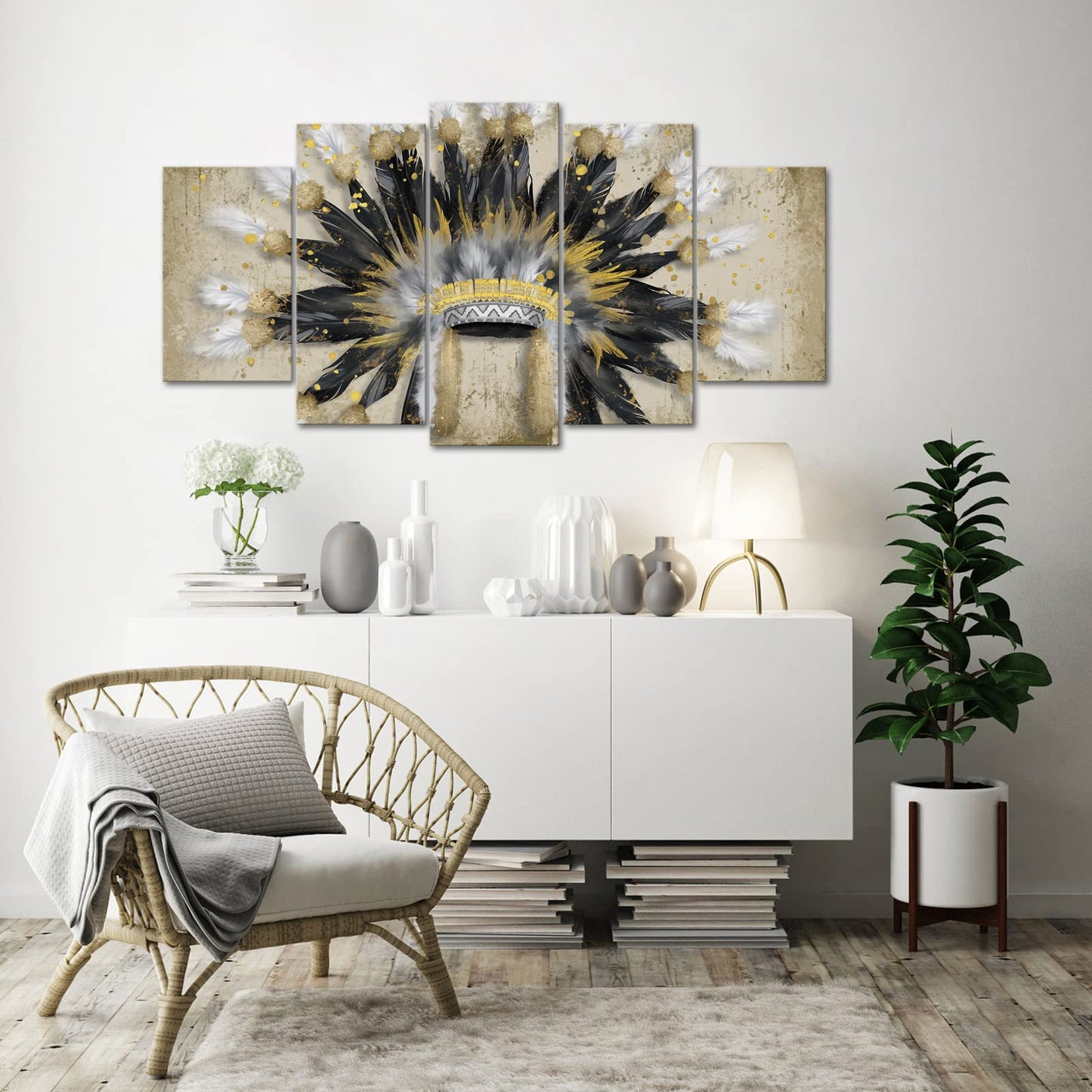 RyounoArt 5 Piece Indian Canvas Wall Art Native American Chiefs Headdress Feathered Painting Vintage Home Living Room Gallery Wrap Ready to Hang