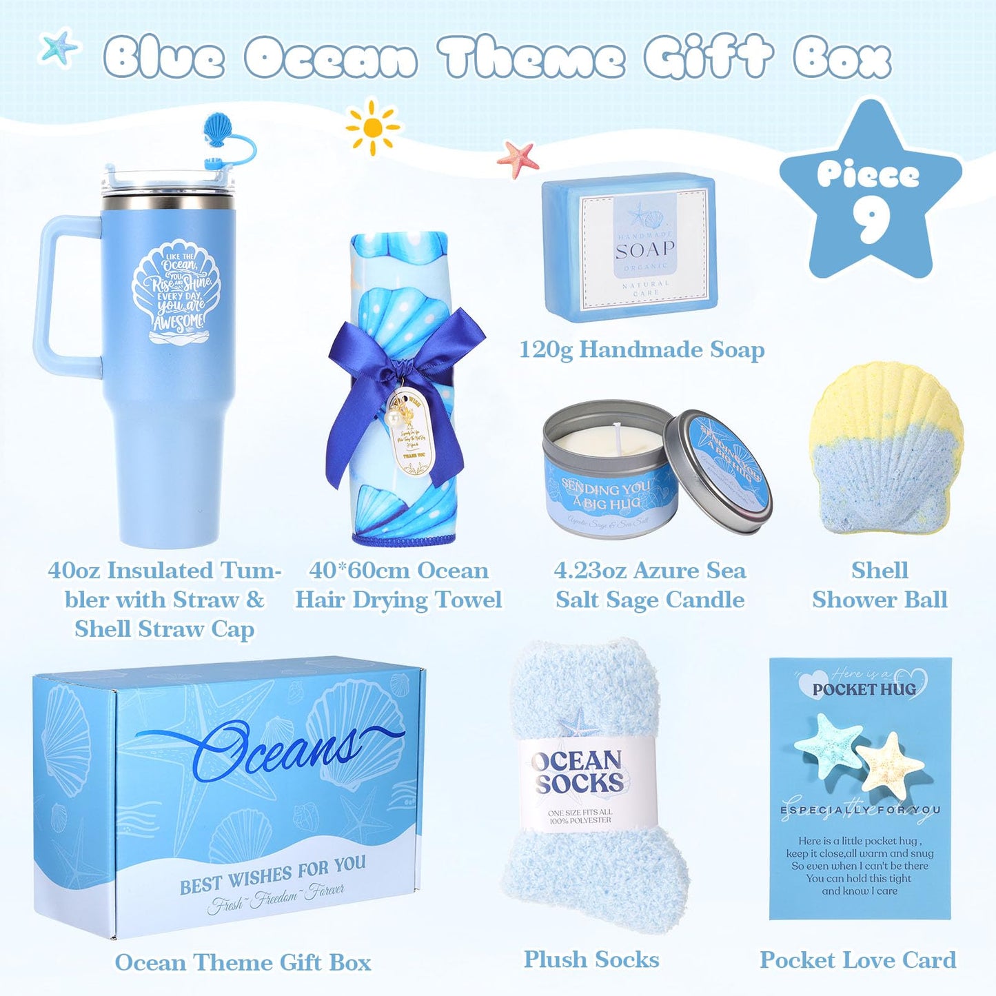 Mothers Day Gifts for Mom, Self Care Gift Basket for Women, Relaxation Spa Gift Set with Tumbler, Blue Ocean Gift Baskets for Mom, Wife, Grandma