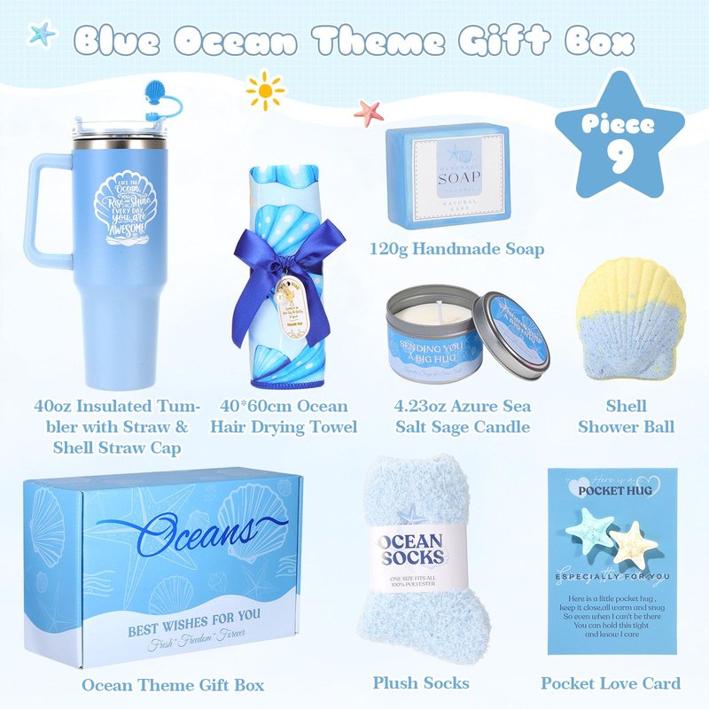 Mothers Day Gifts for Mom, Self Care Gift Basket for Women, Relaxation Spa Gift Set with Tumbler, Blue Ocean Gift Baskets for Mom, Wife, Grandma