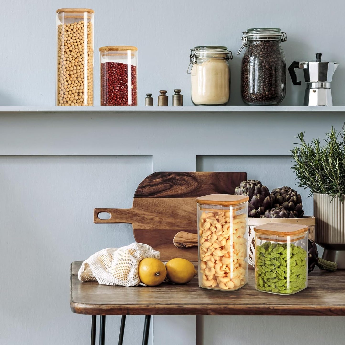 Qinyoung Glass Storage Jars - 24 Pcs Airtight Containers with Bamboo Lids | Clear Square, 4 Sizes (0.5-1 Qt) for Kitchen Organization