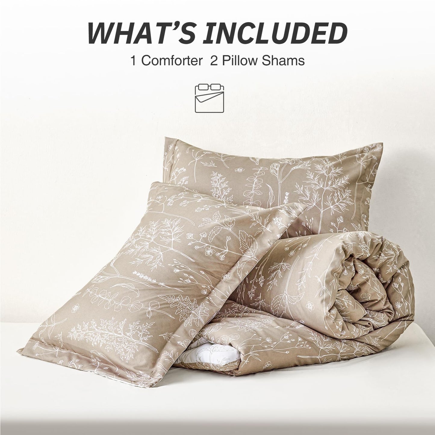 Love's cabin Light Taupe Full Comforter Set - Full Size Comforter Set, 3 Pieces Cute Floral Bedding Sets for All Seasons,1 Soft Reversible Botanical Flowers Comforter and 2 Pillow Shams