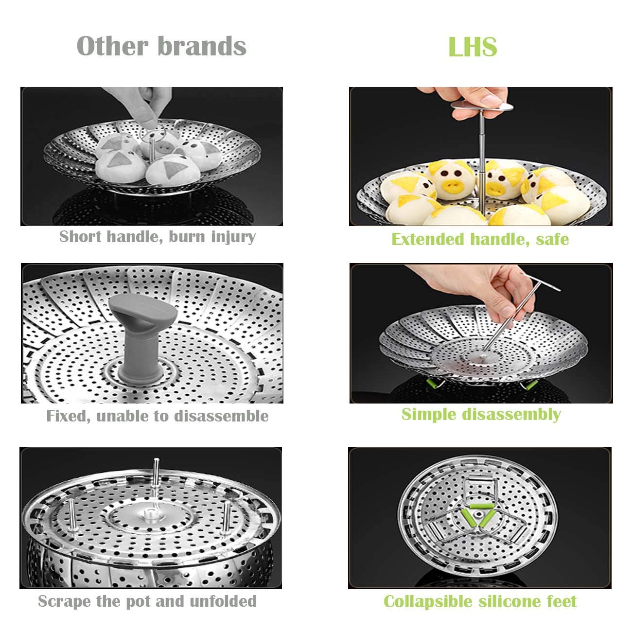 LHS Steamer Basket, Stainless Steel Vegetable Steamer Basket Insert for Veggie Fish Seafood Cooking, Expandable to Fit Various Size Pot (7.5" to 11.4") L