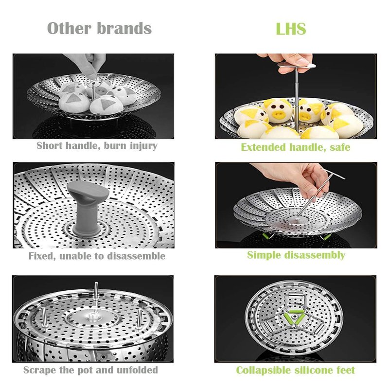 LHS Steamer Basket, Stainless Steel Vegetable Steamer Basket Insert for Veggie Fish Seafood Cooking, Expandable to Fit Various Size Pot (7.5" to 11.4") L