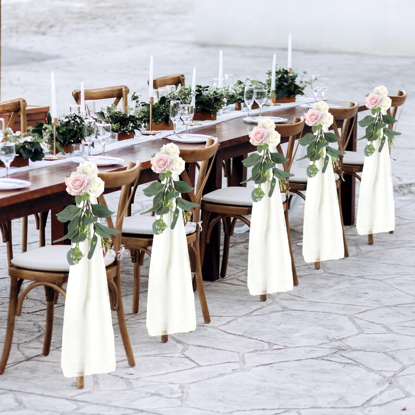 VitalCozy 24 Set Wedding Aisle Chair Decorations - Chiffon Sashes with Ribbon Bows & Eucalyptus Florals