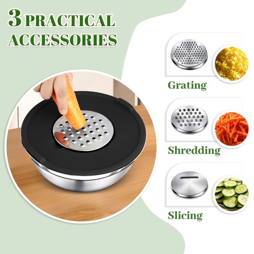 Boskermeal Mixing Bowls with Lids Set - 5 Nesting Mixing Bowls, 3 Grater Attachments, Lids, Stainless Steel Mixing Bowls for Mixing & Serving, Size 1.5/2.1/3.5/4/4.5 QT, Black