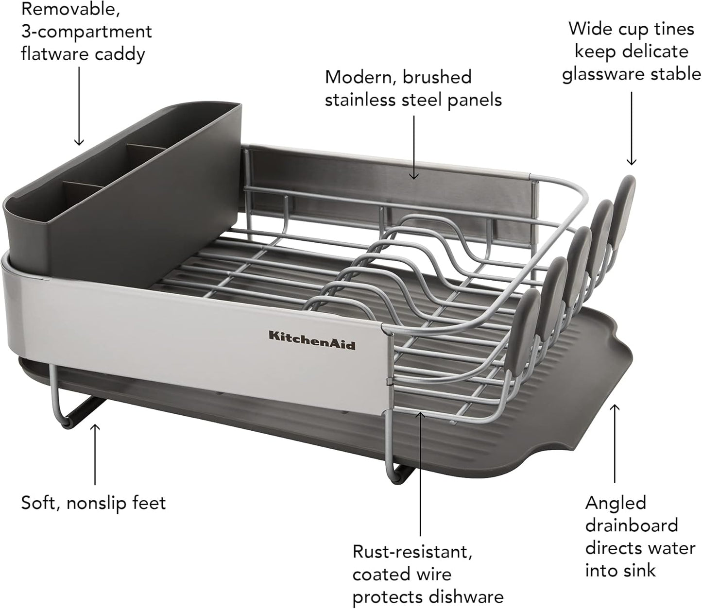 KitchenAid Dish Rack - Compact & Space-Saving Rust Resistant Design with Self-Draining Board | 16.06-Inch, Gray