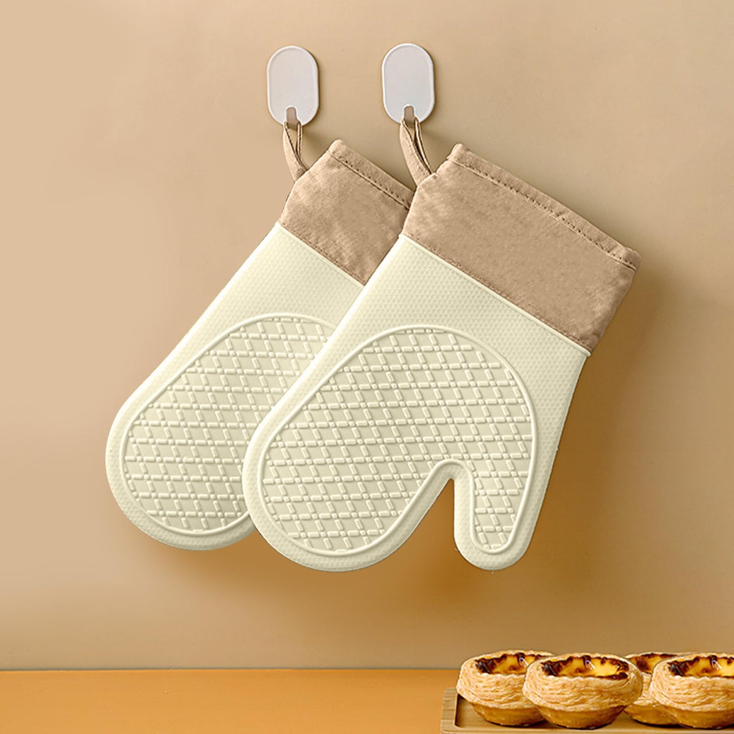 Silicone Oven Mitts,Heat Resistant up to 500°F, Oven Gloves with Soft Lining, Non-Slip Kitchen Essentials, Kitchen Gadgets, Apartment Essentials, Great Gift for Cooking (beige-1pair)