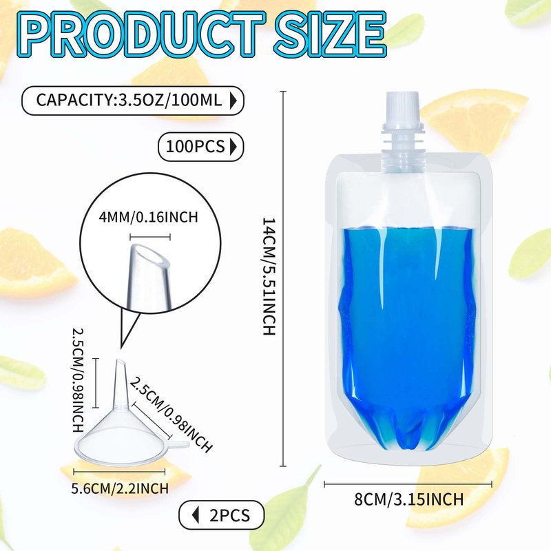 Meanplan 100 Pcs Plastic Pouches Bulk Reusable Squeeze Pouches Clear Plastic Juice Leak Proof Bags with Funnel for Party Favors Supplies(3.5 oz,Straight Mouth)