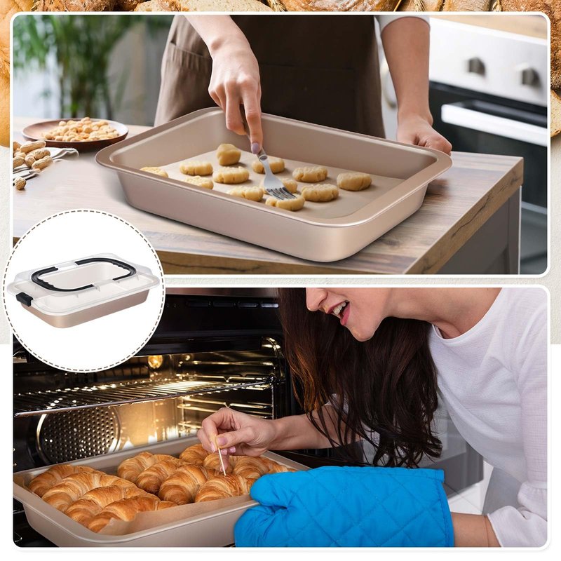 Qinyoung 2 Pcs Cake Baking Pan with Lid and Handle, 9 x 13 Inch Non-stick Rectangle Sheet Cake Pan Carrier for Brownie Roasting Cooking Baking (Gold)