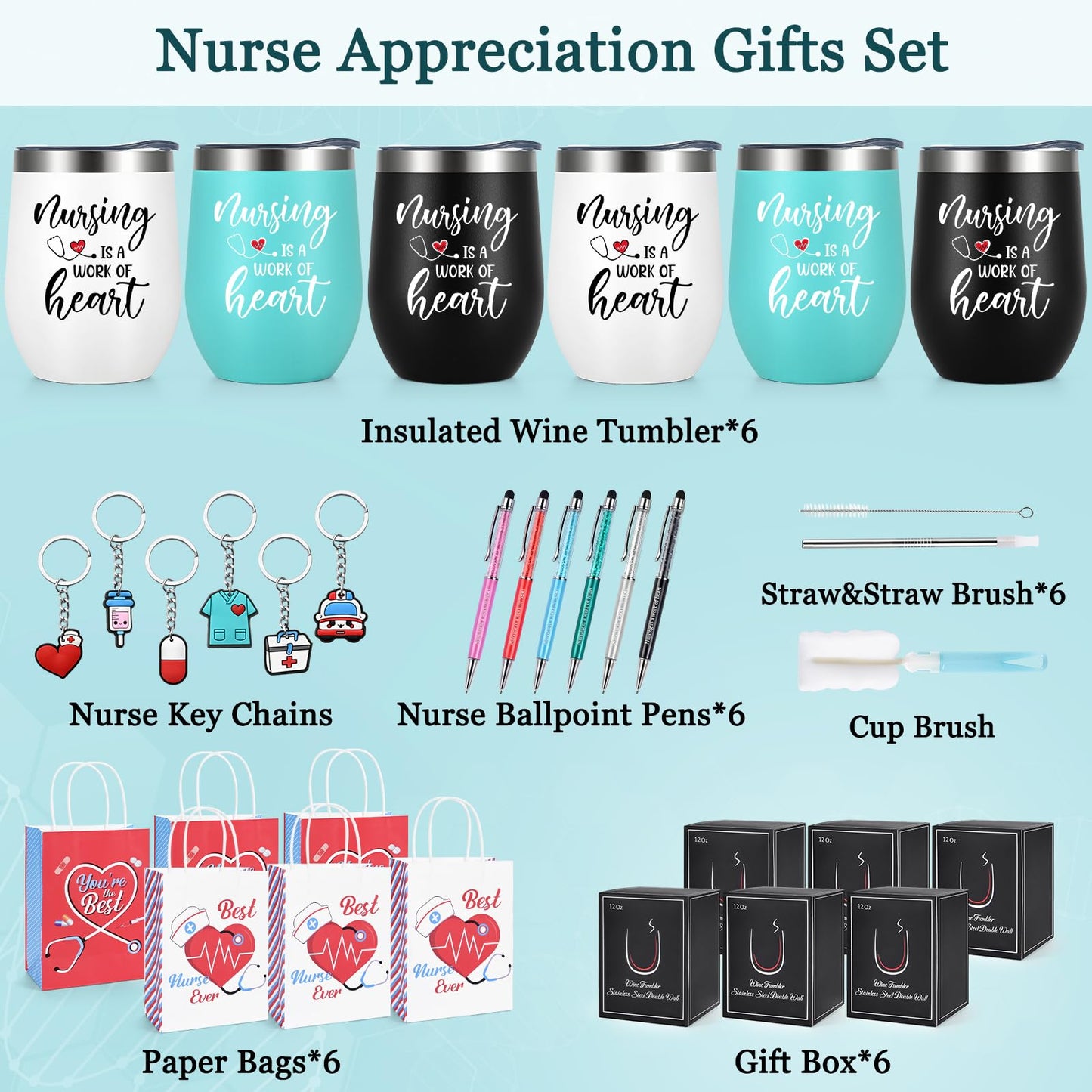 Lifecapido Nurse Gifts, Nurse Week Gifts, Nursing is a Work of Heart 6 Pack Insulated Wine Tumbler, Nurse Gifts Bulk with Key Chain Paper Bags, Appreciation Graduation Retirement Gifts for RN Nurse
