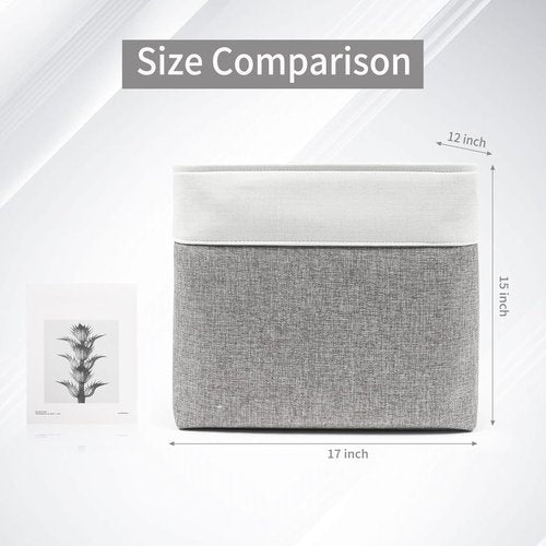 Bagnizer Large Fabric Storage Baskets - 50L Decorative Linen Bins with Handles for Home & Office | Grey & White, 17x12x15 Inches