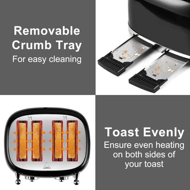 CUSIMAX Toaster 4 Slice, Retro Toaster with Wide Slots for Bagels, Stainless Steel with 6 Toast Settings, Bagel, Cancel, Defrost & Reheat Functions, Dual Independent Control Panels, Black