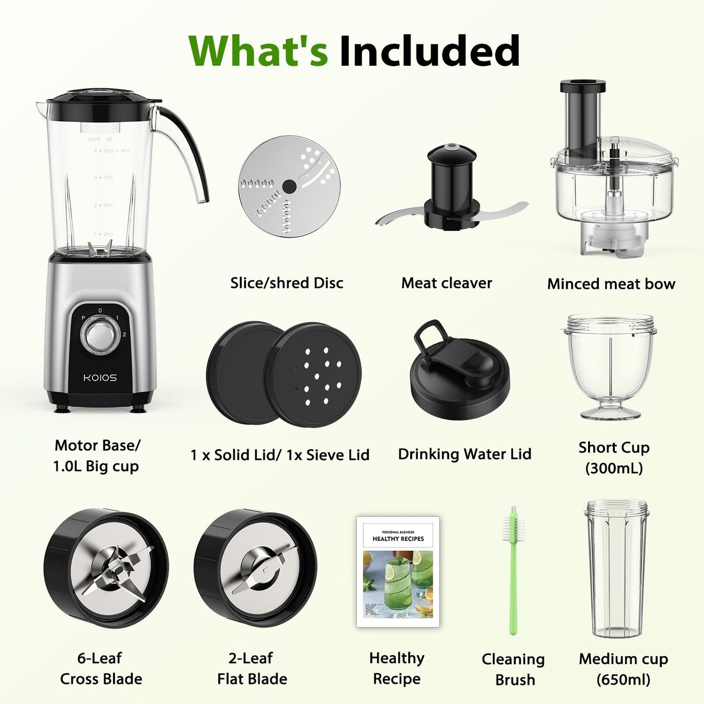 KOIOS 900W Countertop Blenders for Shakes and Smoothies, Protein Drinks Baby Food Nuts Spices, Grinder for Beans, 11 Pes Personal Blender with 2x18.6oz and 10oz Cups, Non-BPA