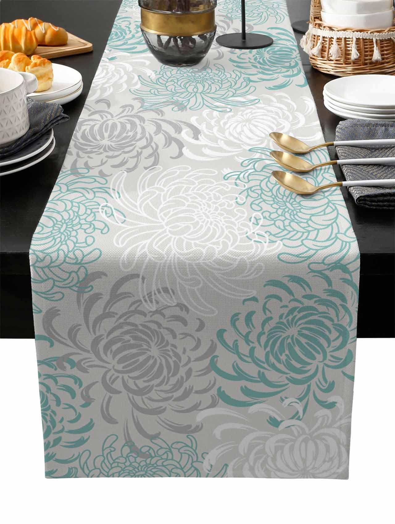 PIEPLE Aqua Chrysanthemum Flowers Table Runner-Cotton Linen-Long 13x108inches Dresser Scarves,Floral Grey Tablerunner for Kitchen Coffee/Dining/End Table Bedroom Living Room,Scarf Decor for Holiday