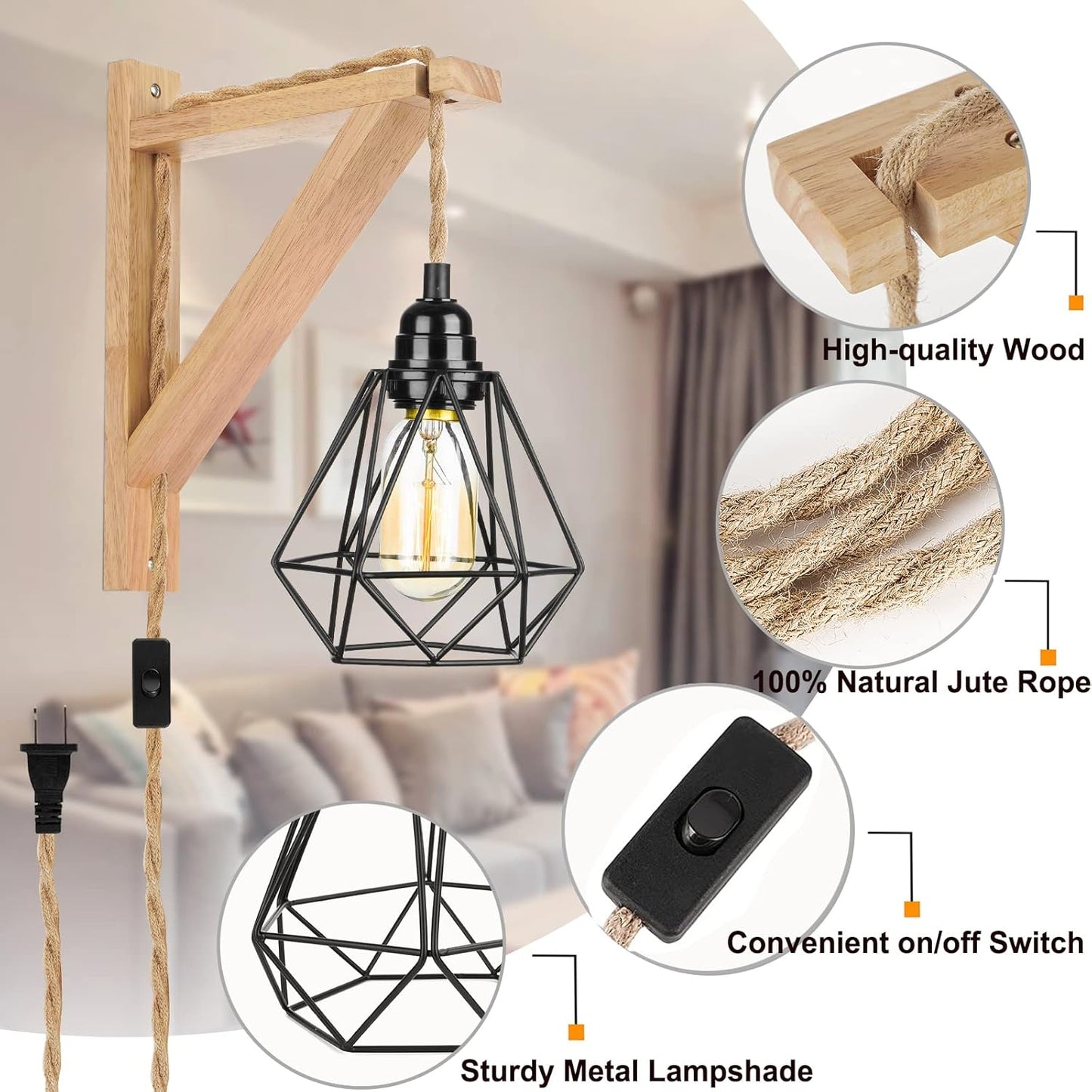 Frideko Wood Wall Sconces Set of Two Plug in, Rustic Wall Lamp with Plug in Cord, Farmhouse Wall Light Fixtures with 8.21FT On/Off Switch Cord, Indoor Sconces Wall Lighting for Bedroom Living Room