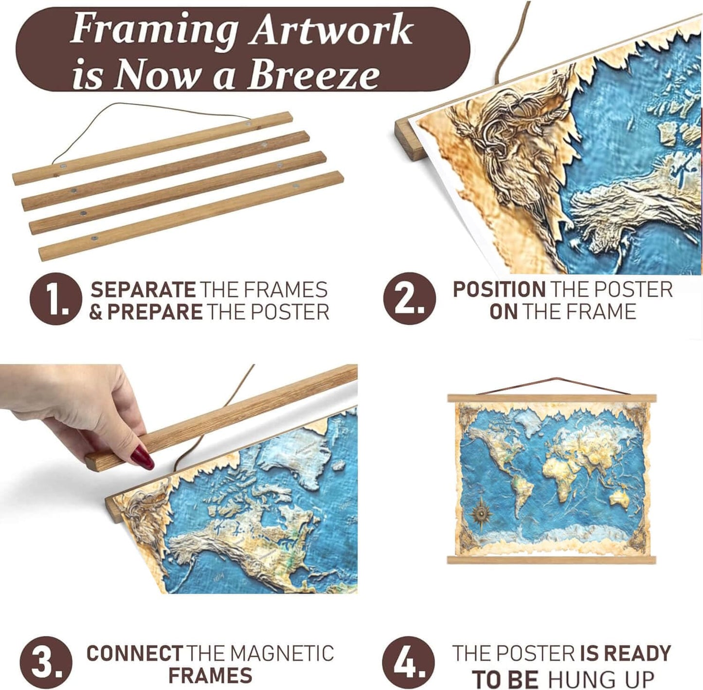 DACRI HOME Magnetic Poster Hanger Frame, Sturdy Magnetic Poster Frame 27x40, 27x41 with Teak Wood, Strong Magnets for Hanging Prints, Maps, Pictures, Scroll Wall Art (27 Inch, Teak)