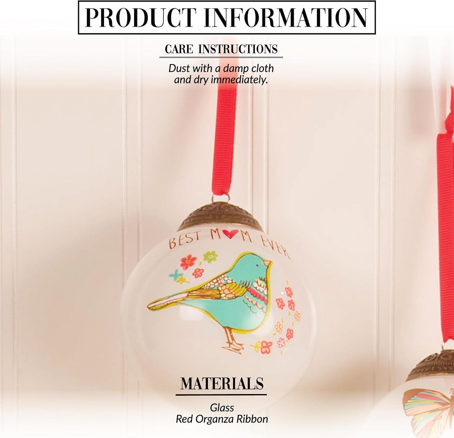 Best Mom Ever Teal Bird Floral Glass Ornament - Pavilion Gift Company 54026