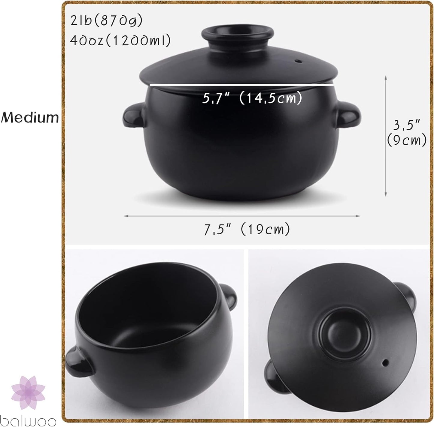 Korean Earthenware Pot Ttukbaegi, Ceramic Clay Cooking Pot Petalite Casserole, Heat Resistant Ceramic Pot, Zero-Crack Stone Bowl Stockpot Soup Cookware (Medium)