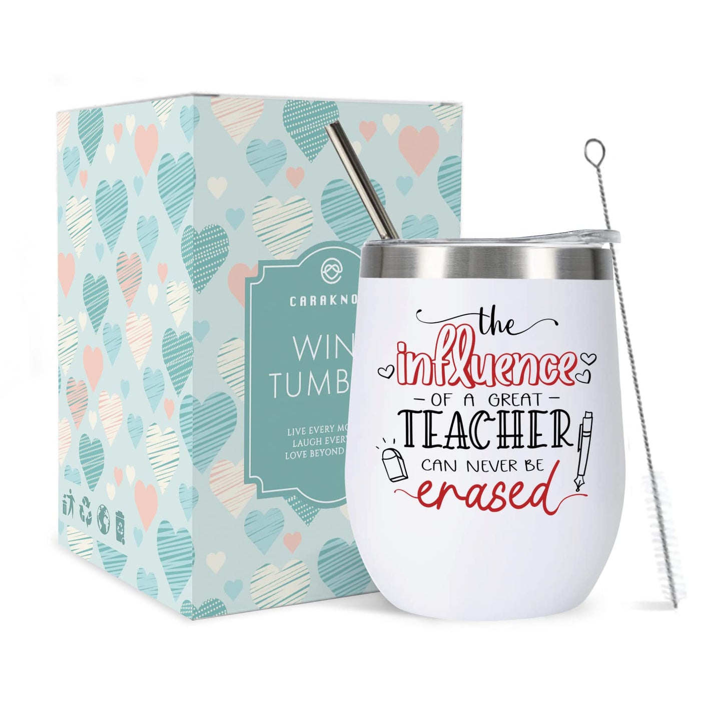 CARAKNOTS Teacher Appreciation Gifts for Women Tumbler Teacher Gifts for Valentines Graduation Birthday Retirement Christmas 12 oz Stainless Steel Wine Tumbler with Lid and Straw White