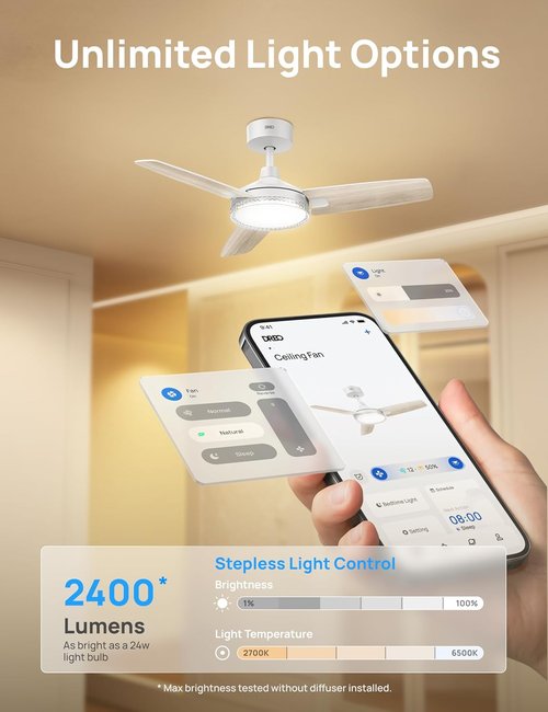 DREO Smart Ceiling Fan - 42 Inch White Fan with Dimmable LED Light & 12 Speeds | Quiet DC Motor, Remote Control