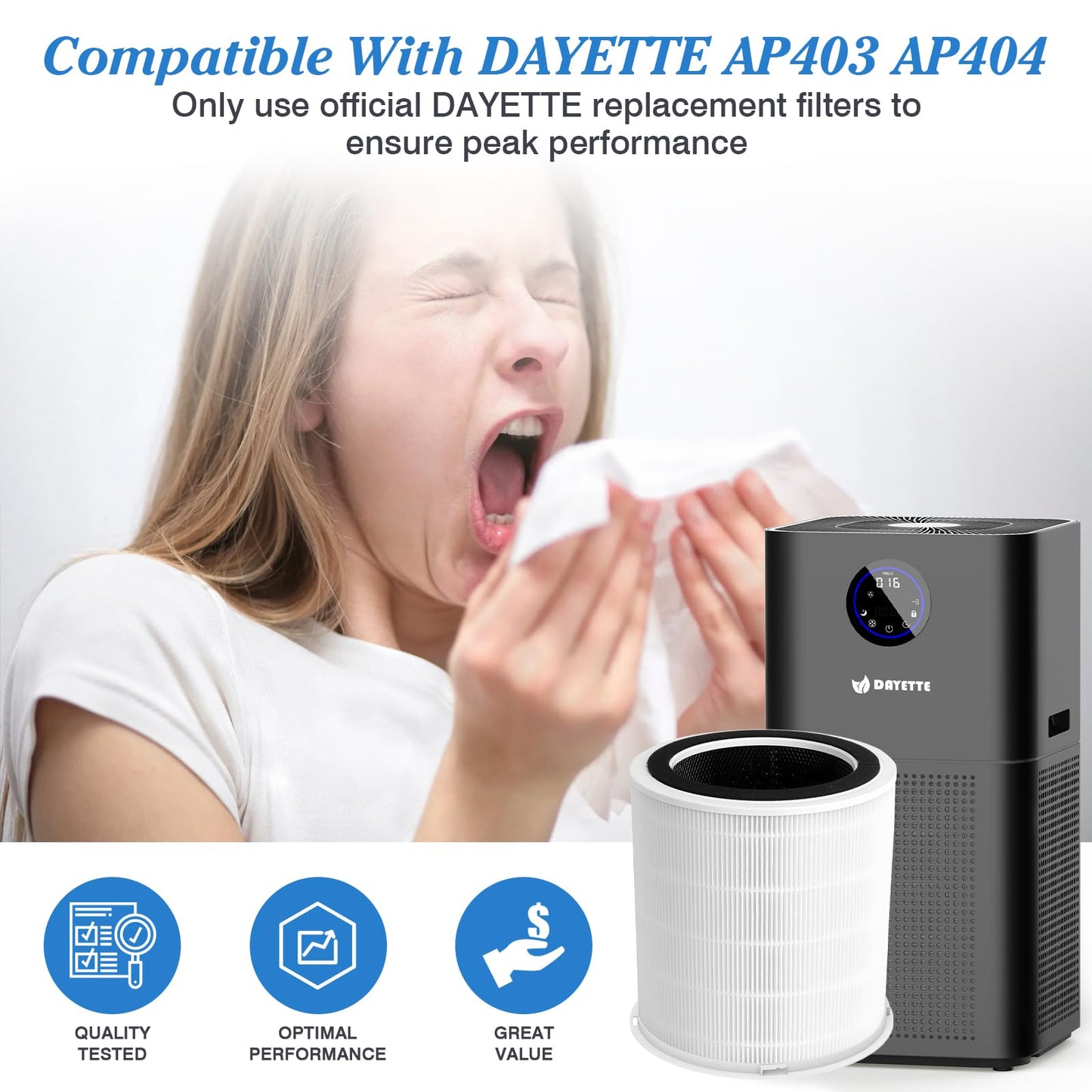 DAYETTE Original H14 Replacement Filter Compatible Air Purifier AP403 AP404, 4-in-1 H14 Grade True HEPA, High-Efficiency Activated Carbon