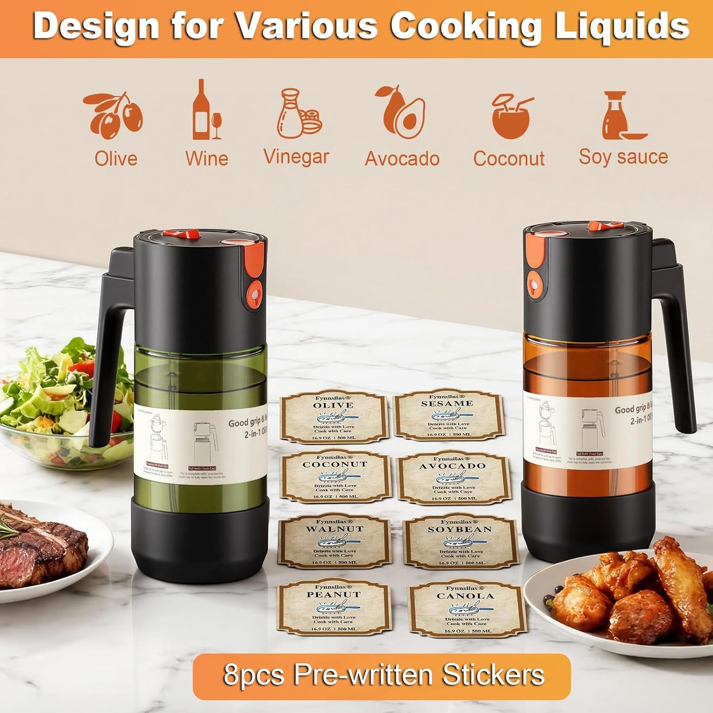 Skiennix 2-IN-1 Oil Sprayer - Light-Blocking Dark Glass Olive Oil Dispenser, 500ml for Cooking & BBQ | 2-Pack