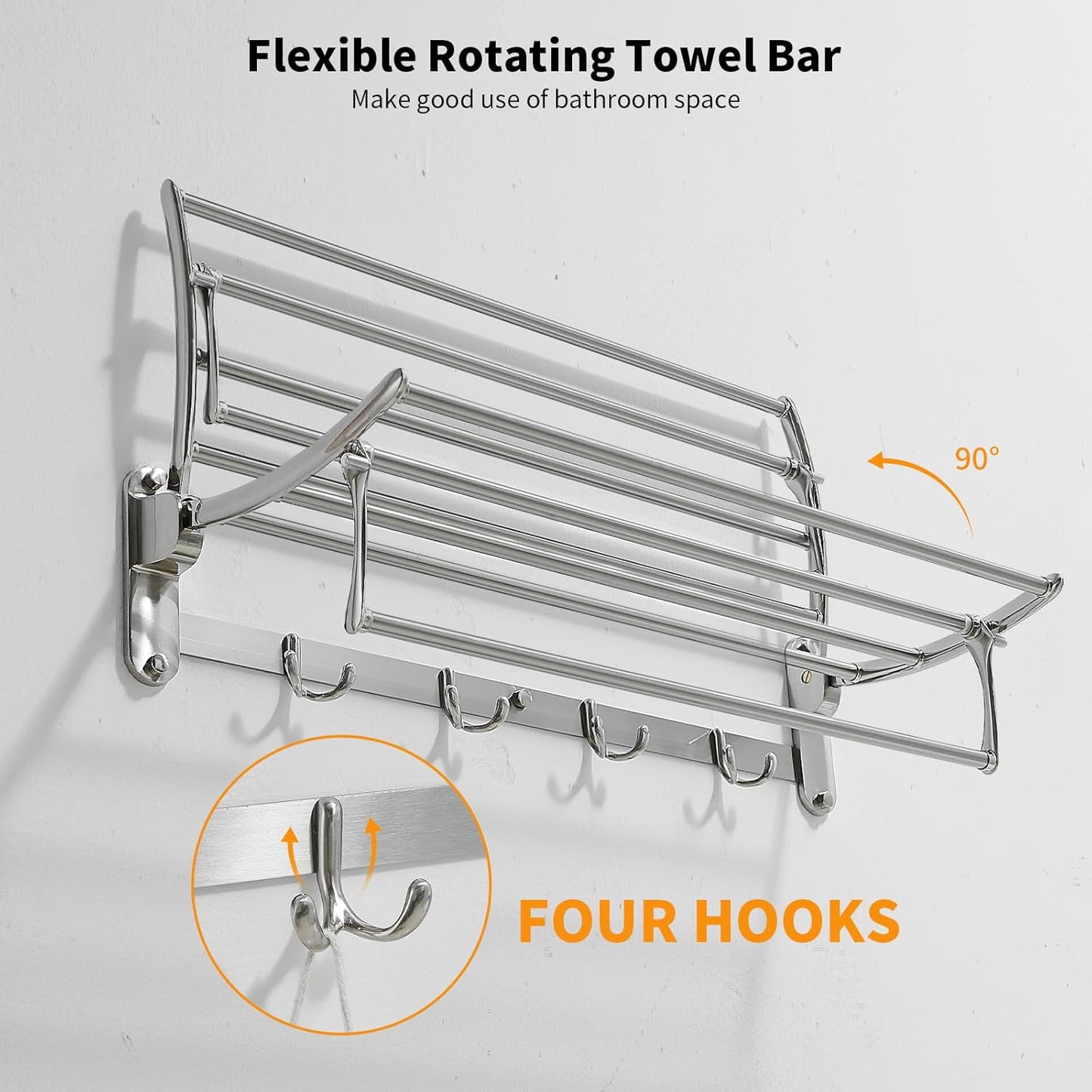 BESy 24 Inch Brushed Nickel Towel Racks, Bathroom Towel Shelf with Foldable Towel Bar Holder and Towel Hooks, Wall Mounted Multifunctional Bathroom Accessories, Double Towel Bars