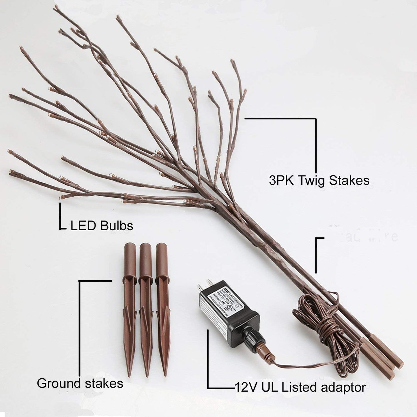 3-Pack EAMBRITE Brown Lighted Twig Branches Pathway Lights with 60 LED Warm White Bulbs