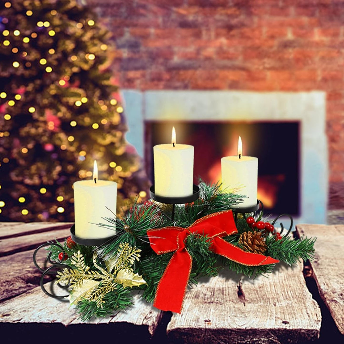 MorTime Christmas Candle Holder - Festive Table Centerpiece with Red Bow, Berries & Pinecones | Steel Base Decor