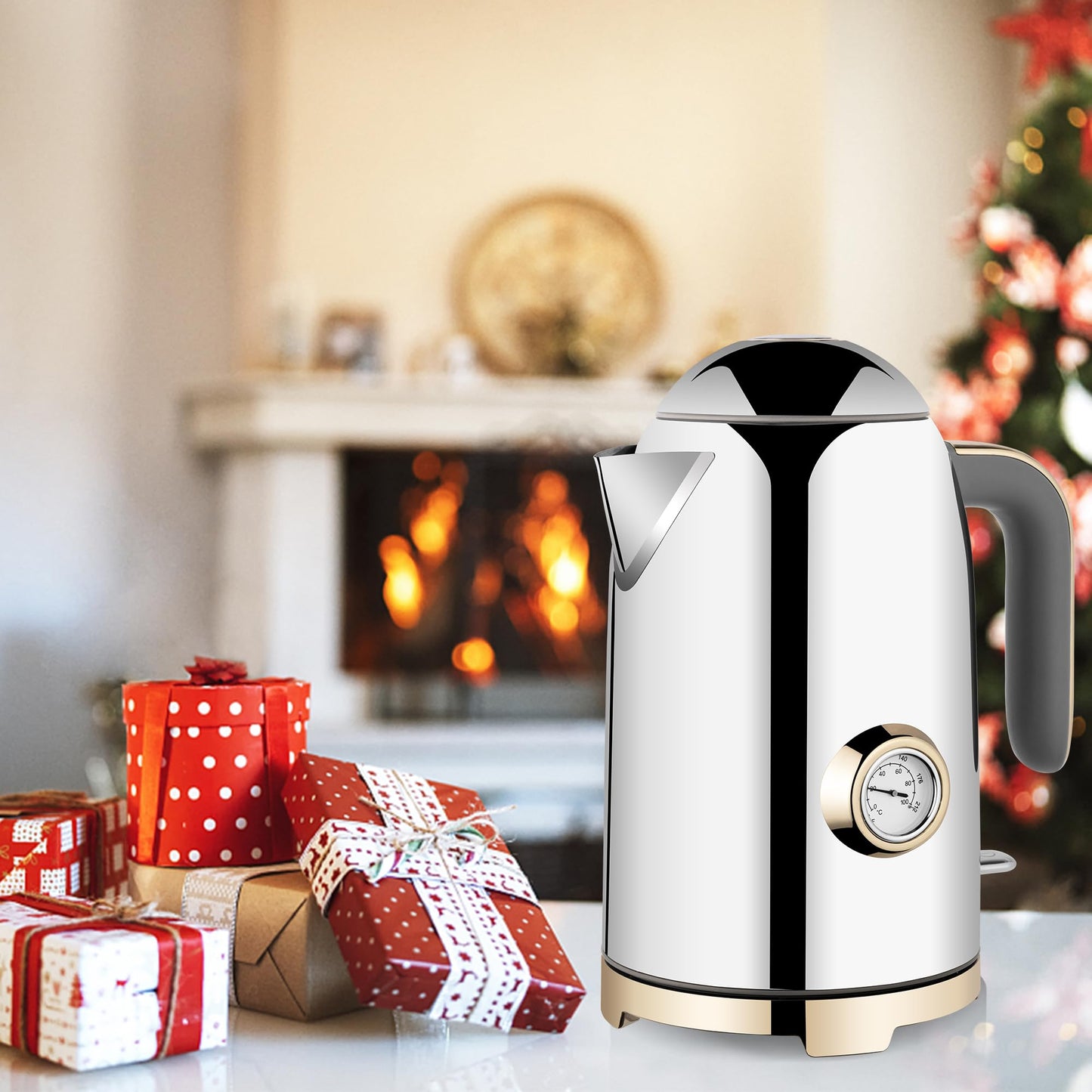 SUSTEAS Electric Kettle - 57oz Hot Tea Water Boiler with Thermometer, 1500W Fast Heating Stainless Steel Pot, Cordless LED Indicator, Auto Shut-Off & Boil Dry Protection, Glossy Silver