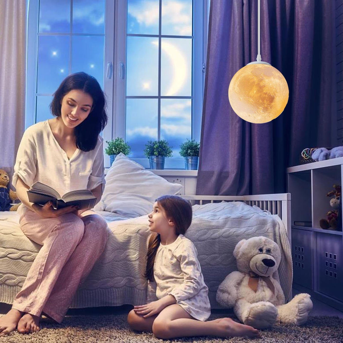 JLOWCO Plug in Pendant Lighting,Hanging Lamps That Plug Into Wall Outlet White,Light Fixtures Ceiling Hanging Lights with Plug in Cord and Switch,Led Moon Lights for Kids Bedroom(Bulb Included)