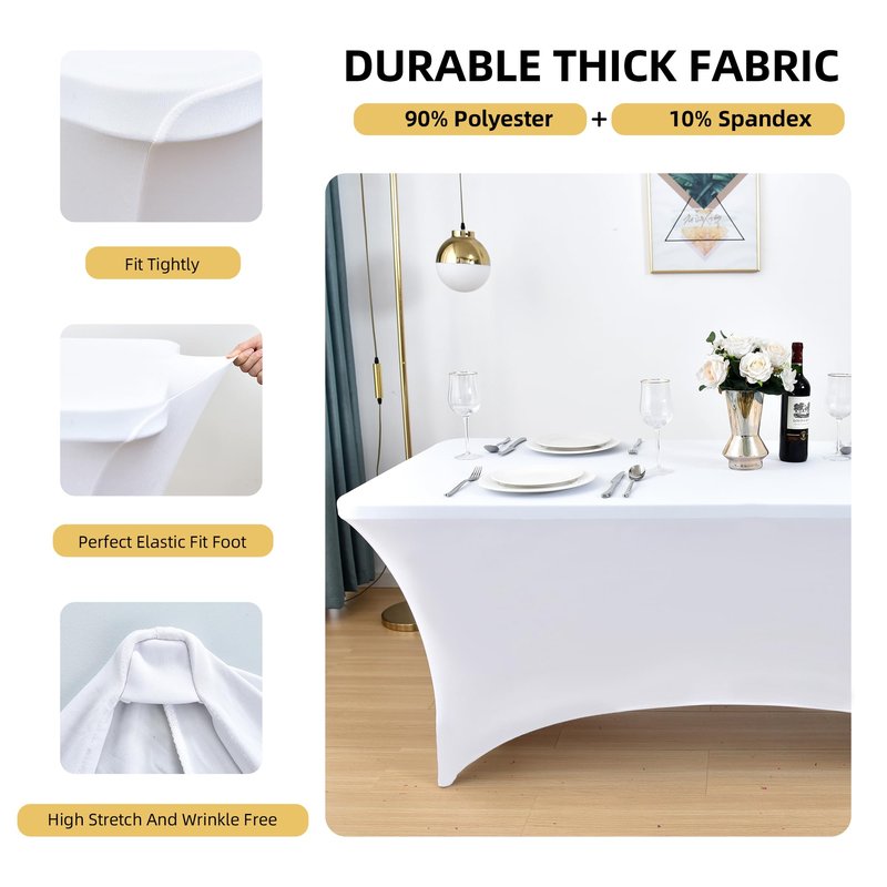 ZarzaaSik 10-Pack 6ft White Spandex Table Covers for Rectangle Standard Folding Tables - Wrinkle Resistant Stretch Tablecloths - Ultimate Fitted Table Protector for Parties, Banquet, Wedding